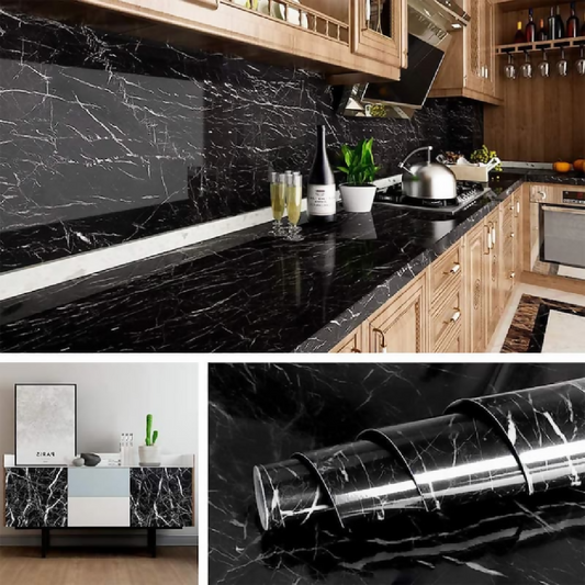 Self Adhesive Marble Sheet Sticker For Kitchen - 60x200 Cupboard Wall - Anti Oil And Heat Resistant - Black