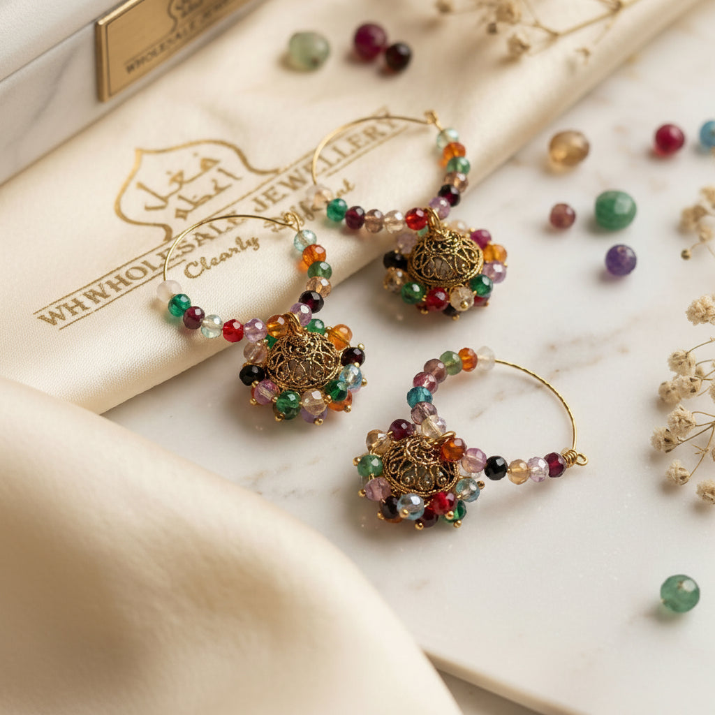 Handmade Beaded Bali Hoop Jhumka Earrings for Women