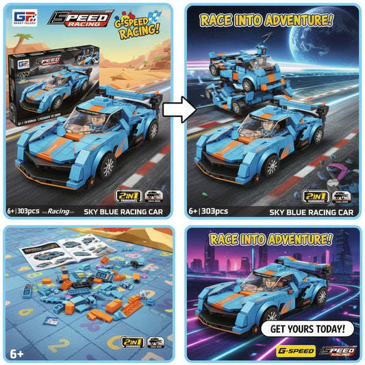2 In 1 Transforming Racing Car Building Blocks Set Blue