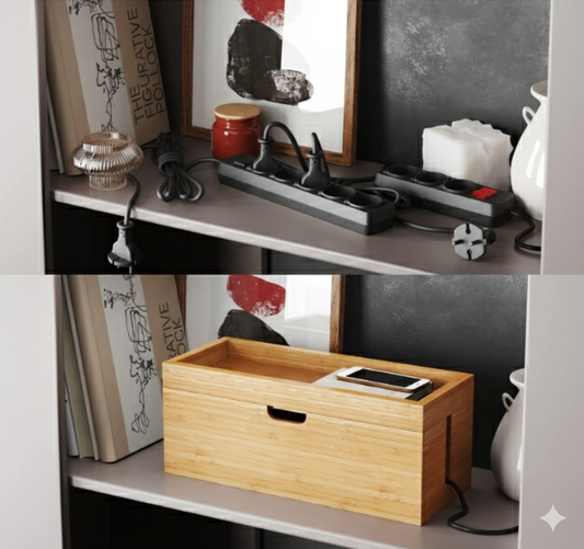Bamboo Cable Box Wooden Cord Organizer for Desk and Home Electronics