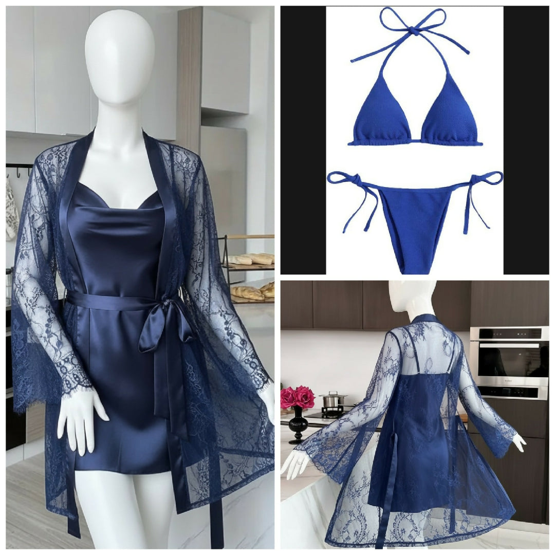 4 Piece Womens Transparent Net Gown Set - Soft Lace Robe with Silk Inner Bra and Panty