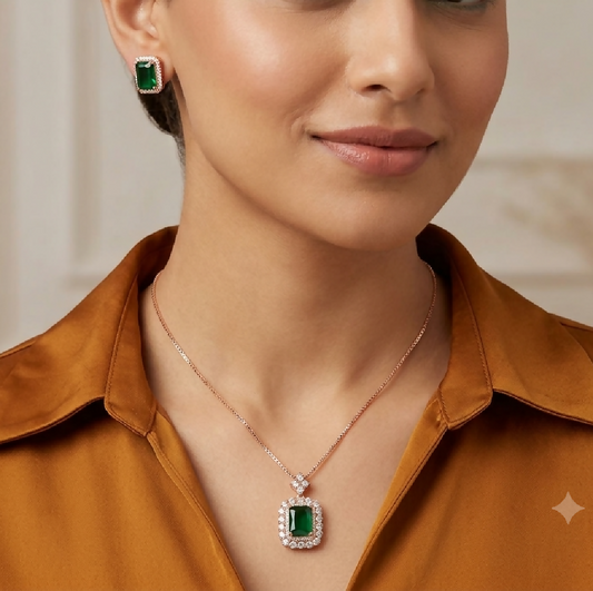 Zircon Emerald Cut Halo Set in Deep Green
