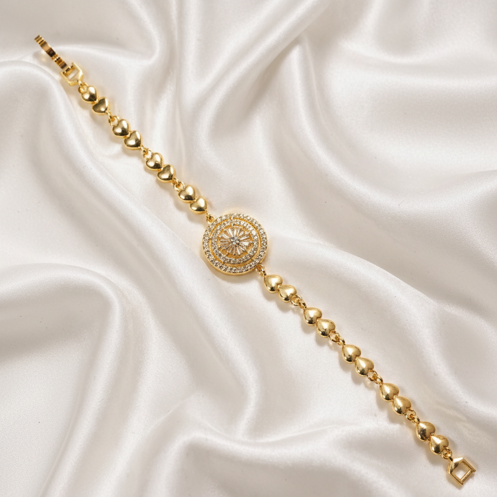 Gold Heart-Link Sunburst Medallion Bracelet
