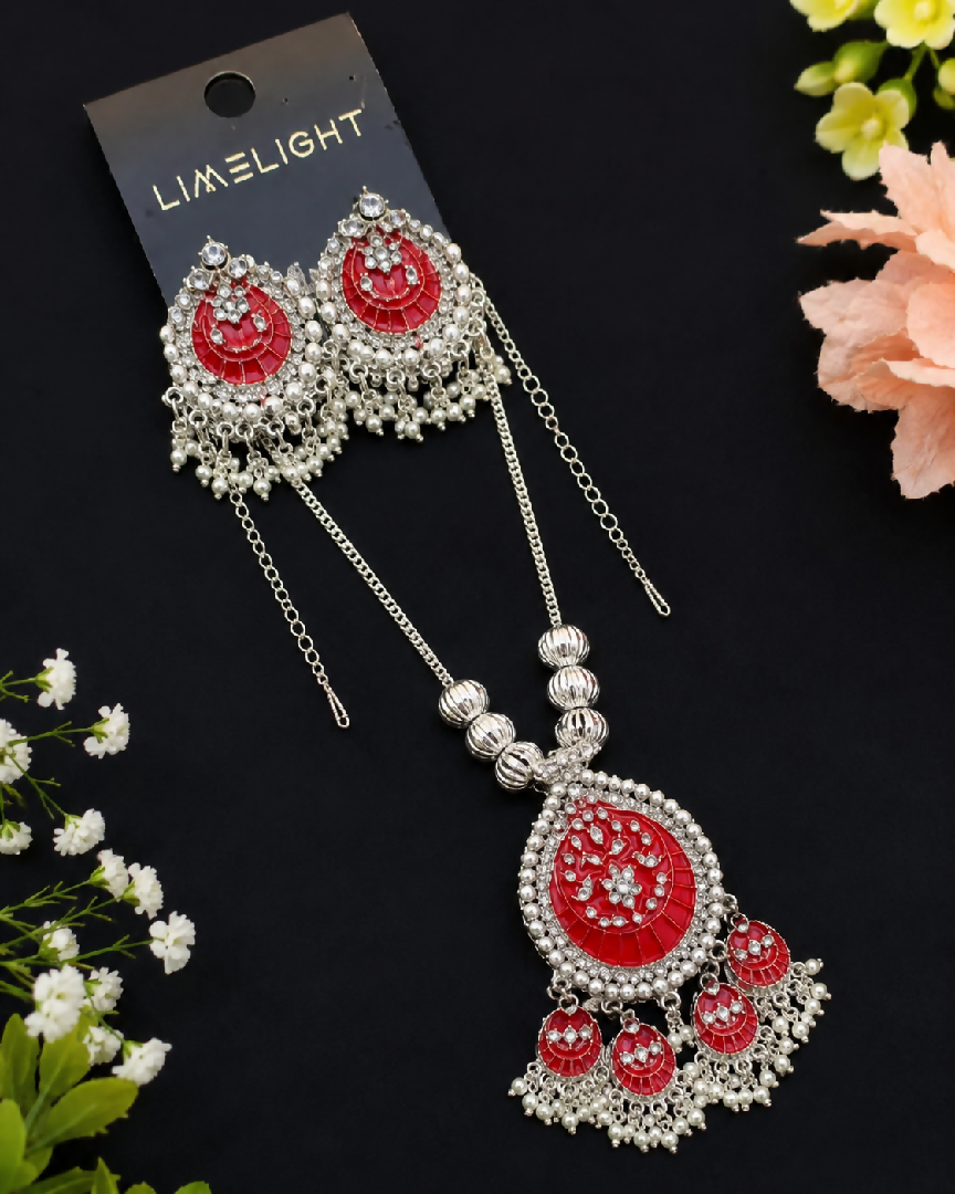 Red Traditional Jewelry Set with Earrings Pendant Bridal Party Wear Set
