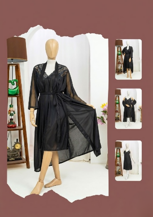 Premium Silk 2-Piece Bridal Nightwear Set Elegant Lace Embroidery Sleepwear Free Size