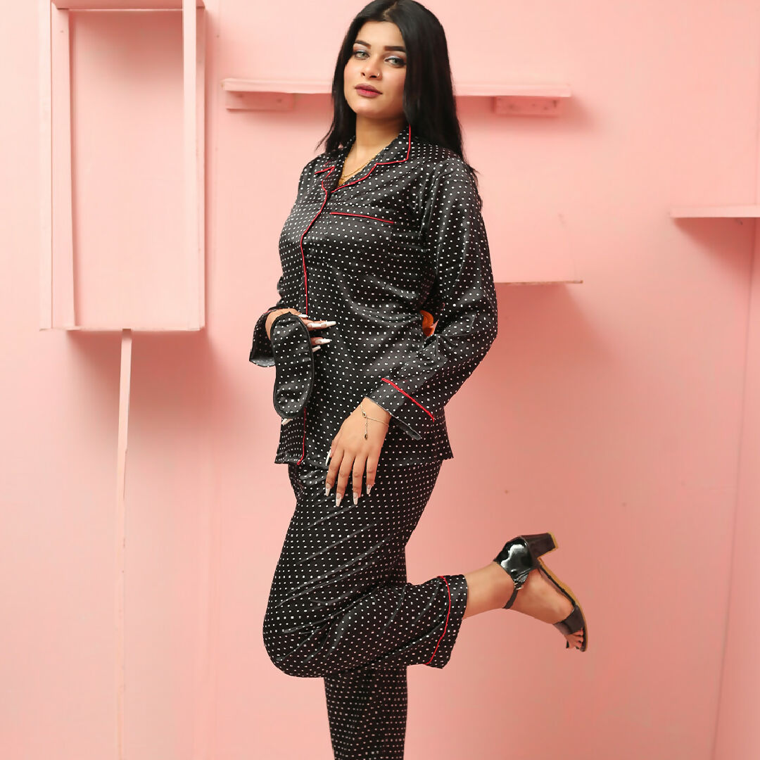 Black Polka Dot Satin Night Suit with Red Piping – Elegant Two Piece Sleepwear Set