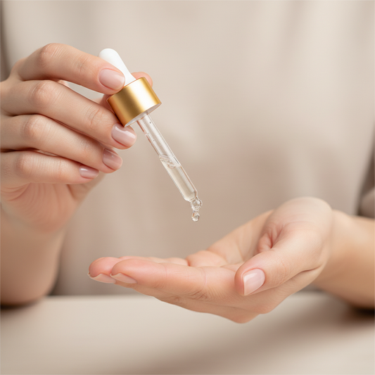 Close-up hands with dropper for skincare