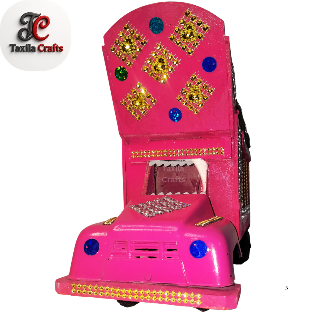 Handmade Pink Mini Truck Art Decorative Showpiece Wooden and Hardboard Model 11 Inch