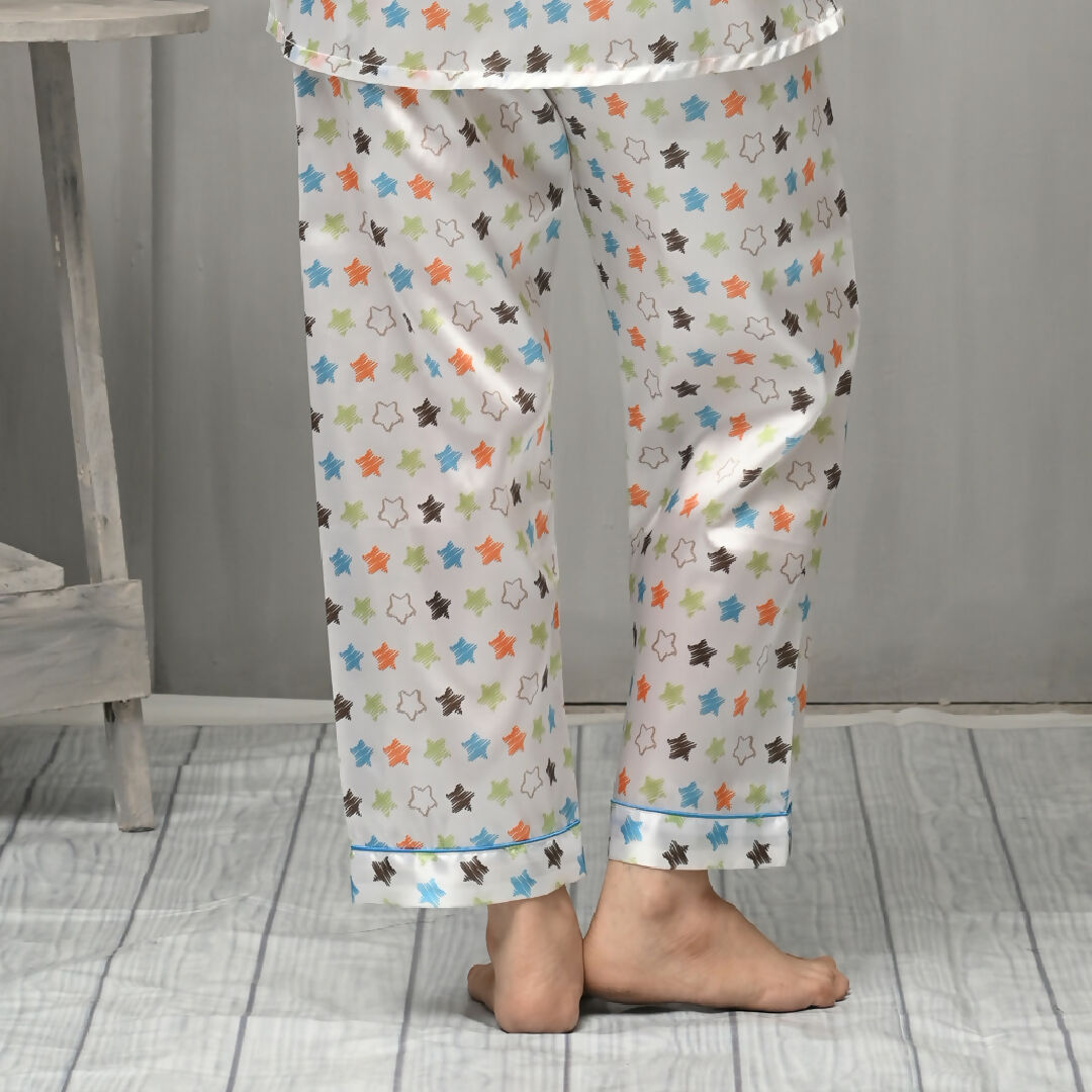 Womens Printed Satin Nightwear Pajama Set – Soft Multicolor Star Design Sleepwear