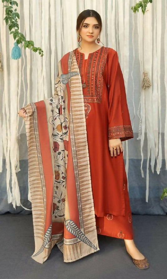3PC Dhanak Embroidered Shirt - Couture Wool Print Shawl and Trouser - TANA-2292