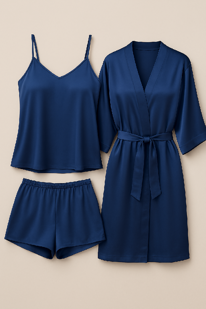 3-Piece Satin Sleepwear Set for Women - Camisole Shorts and Robe - Free Size