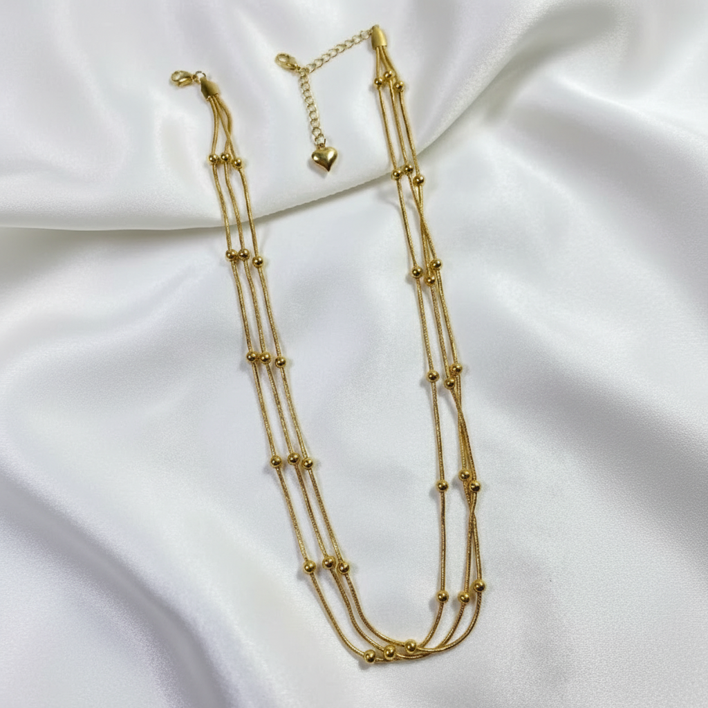 Triple-Layered Gold Beaded Snake Chain Necklace