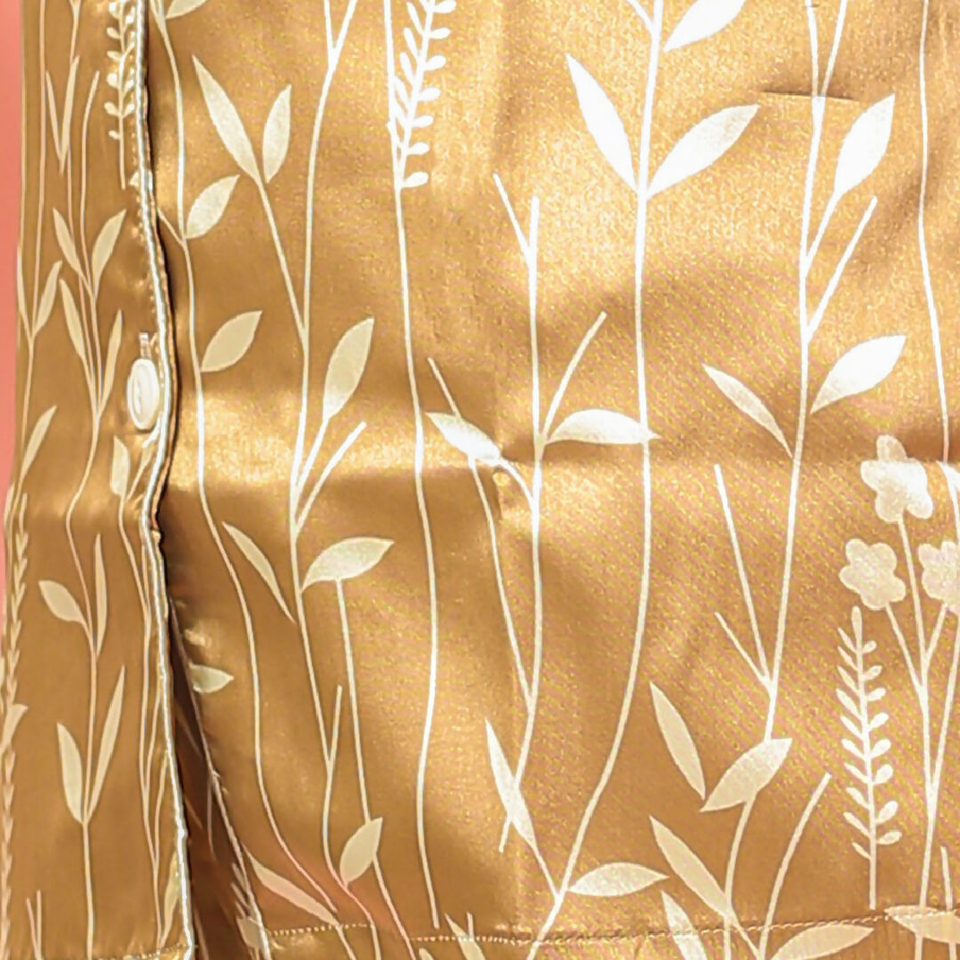 Golden Leaf Satin Night Suit – Elegant Womens Two-Piece Sleepwear Set