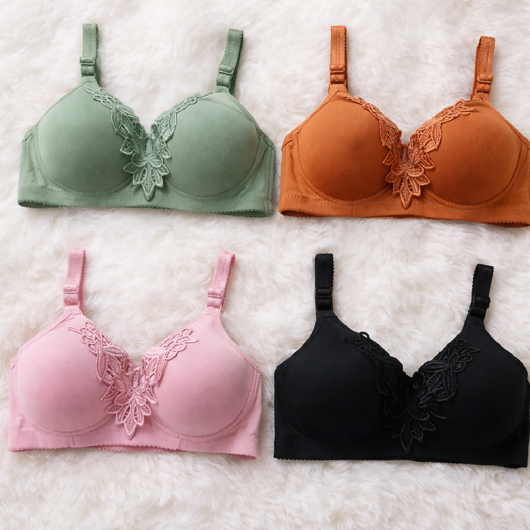 Copy of Mid Flower Style Premium Padded Comfort Bra – Soft Nylon Seamless Daily Underwire Lingerie Random Color
