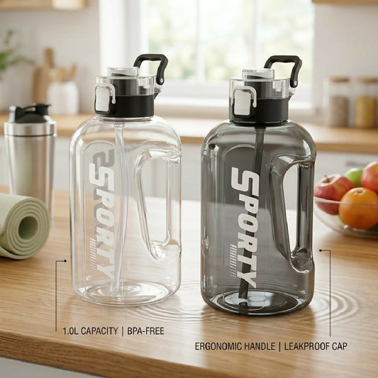 Sporty Water Bottle BPA Free Premium Quality with Time Marker 1L Large Sports Water Bottle with Handle Leak Proof for Fitness Gym Outdoor Travel Daily Use