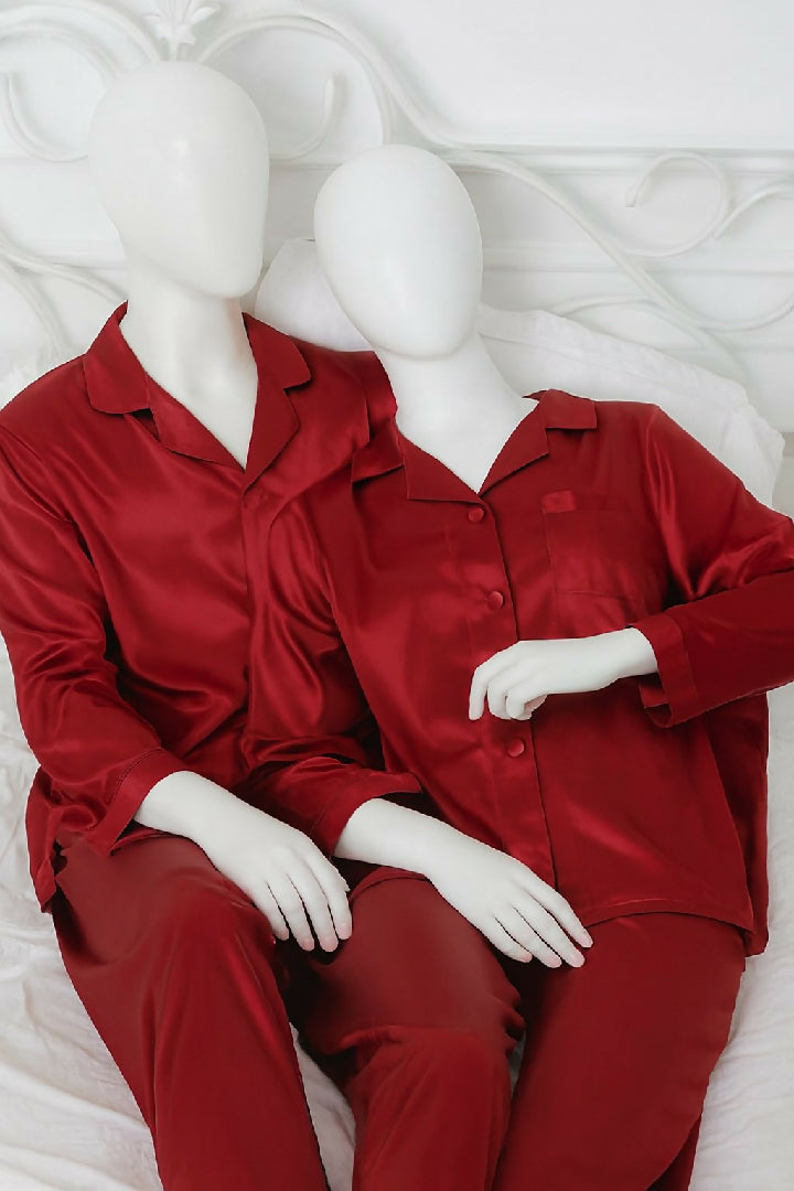 Couple Night Suit Silk Satin Pajama Set - Long Sleeve Top and Pants