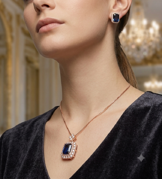Zircon Emerald Cut Halo Set in Deep Blue