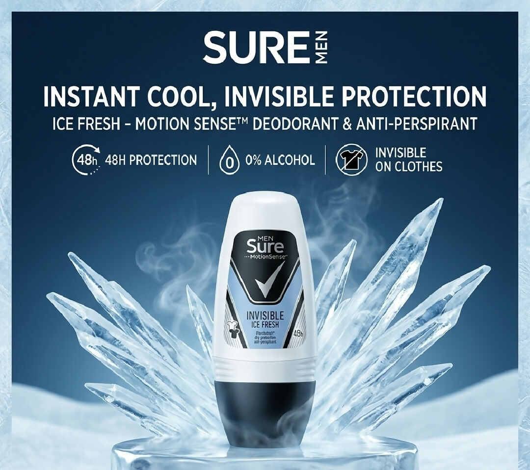 Sure Men MotionSense Invisible Ice Fresh Antiperspirant Roll On 48H Protection Deodorant For Men 50ml Instant Cool Zero Percent Alcohol No Marks On Clothes