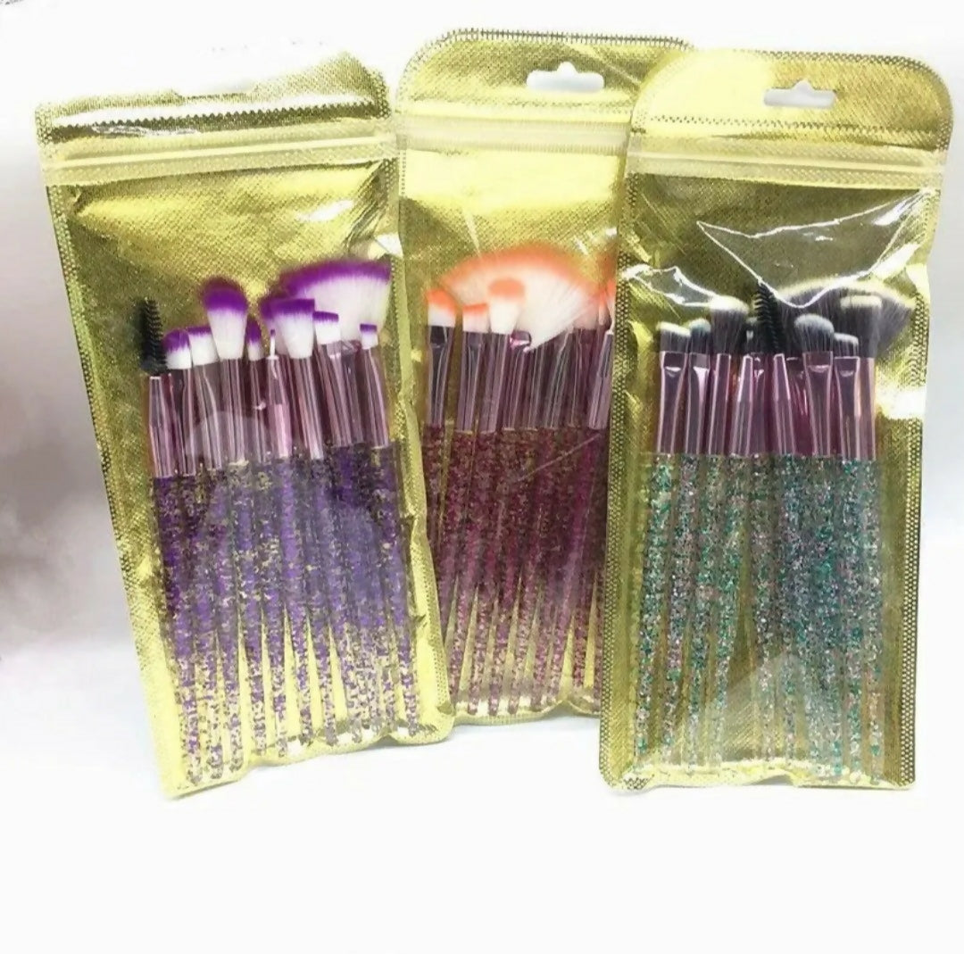10 pcs baopinger makeup brush set with purpul glitter crystal handles soft bristles