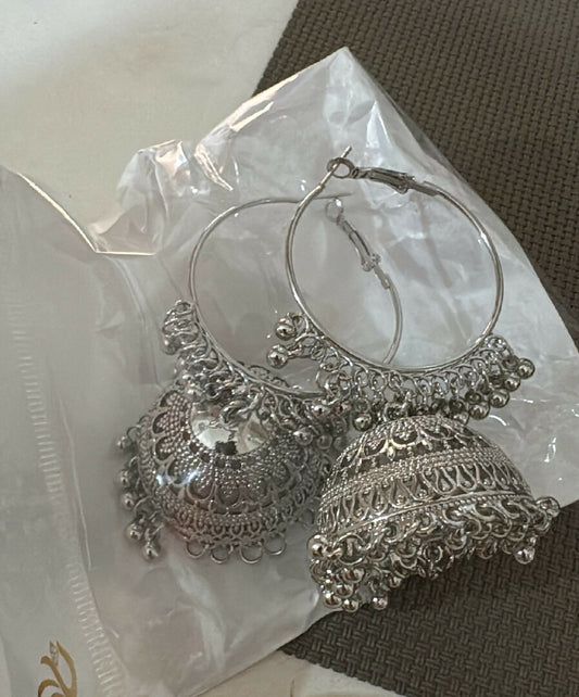 Indian Kashmiri Silver Hoop Jhumkas