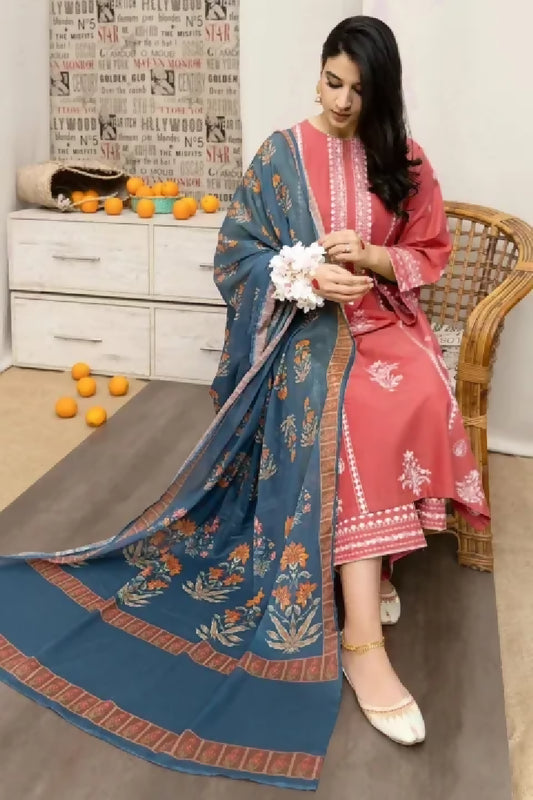 3 Piece Unstiched Full Embroidery Suit With Printed Shawl