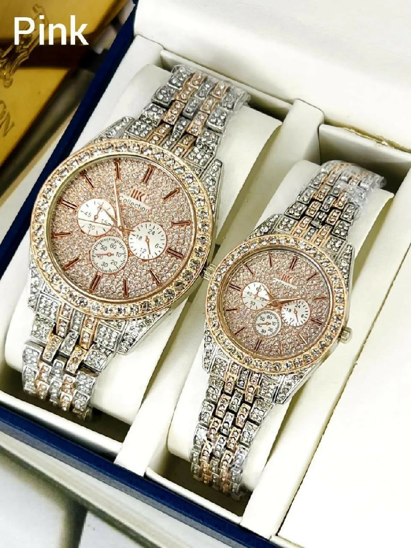 Luxury Diamond Accented Couple Watch Set Without Box Golden