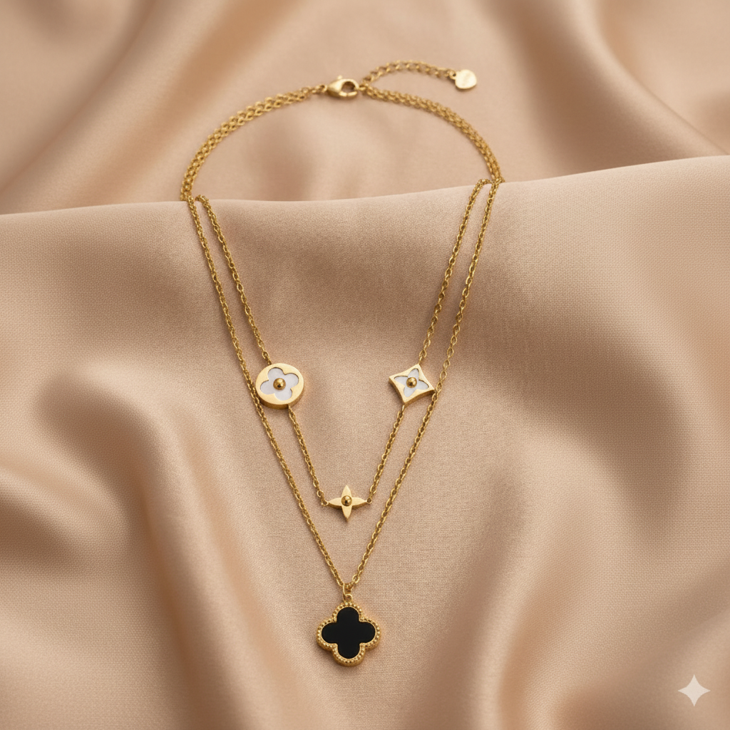 Double-Layered Floral and Clover Station Necklace