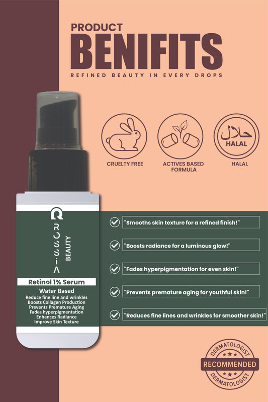 Key benefits of Rossia Beauty Retinol 1% Serum including anti-aging, wrinkle reduction, smoother skin texture, and improved skin tone.