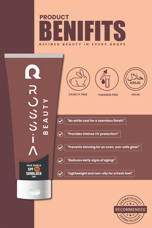 Benefits of Rossia Beauty Sunblock SPF 70 (50ml) for all skin types. Provides strong UVA/UVB protection, prevents sunburn, and supports even skin tone and glow.