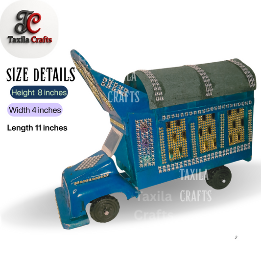 Handmade Blue Mini Truck Art Decorative Showpiece Wooden and Hardboard Model 11 Inch
