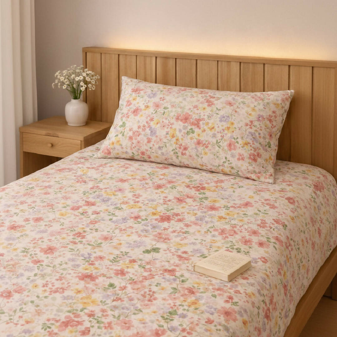 Single Bed Pink Cotton Floral Printed Bedsheet with Pillow Cover