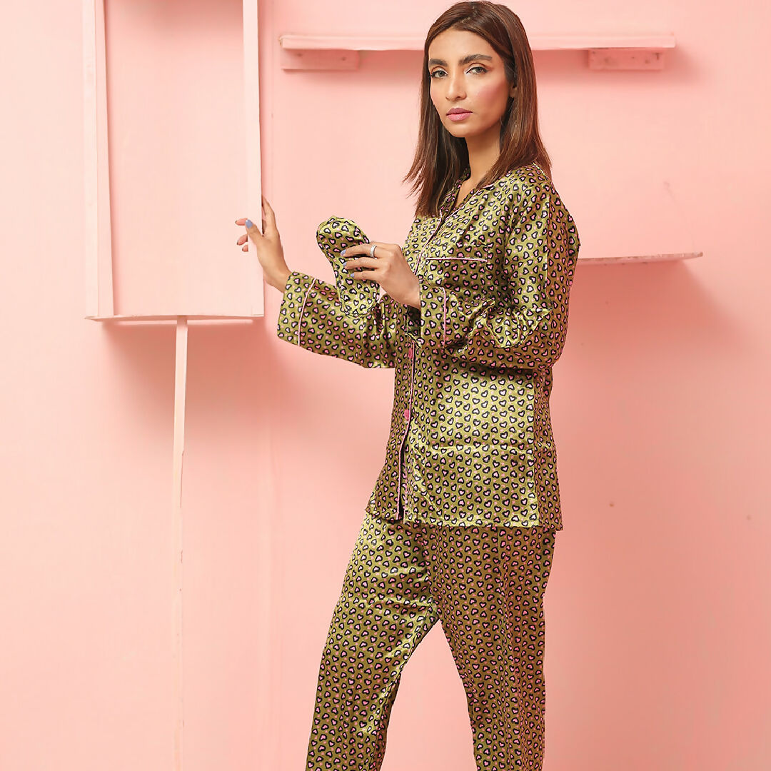 Playful Heart Print Pajama Set in Olive Green
