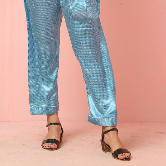 Luxe Satin Polka Dot Pajama Set with Eye Mask – Sky Blue