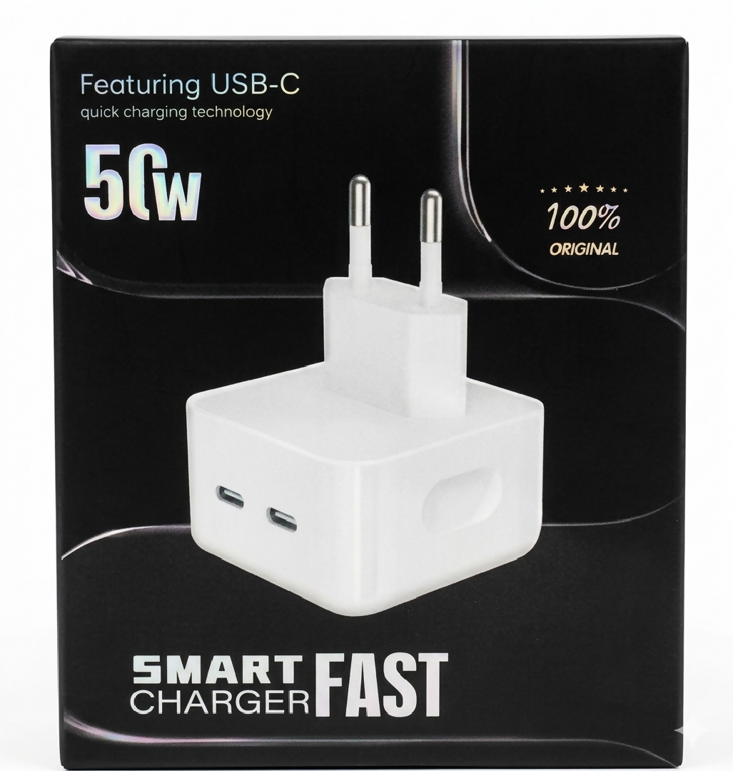 50W Dual USB-C Smart Fast Charger Adapter with 2-Port Type-C Quick Charging Technology