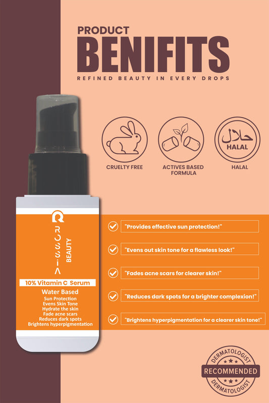 showing benefits of Rossia Beauty Vitamin C 10% Serum, including brightening skin, reducing dark spots, evening skin tone, and boosting glow.