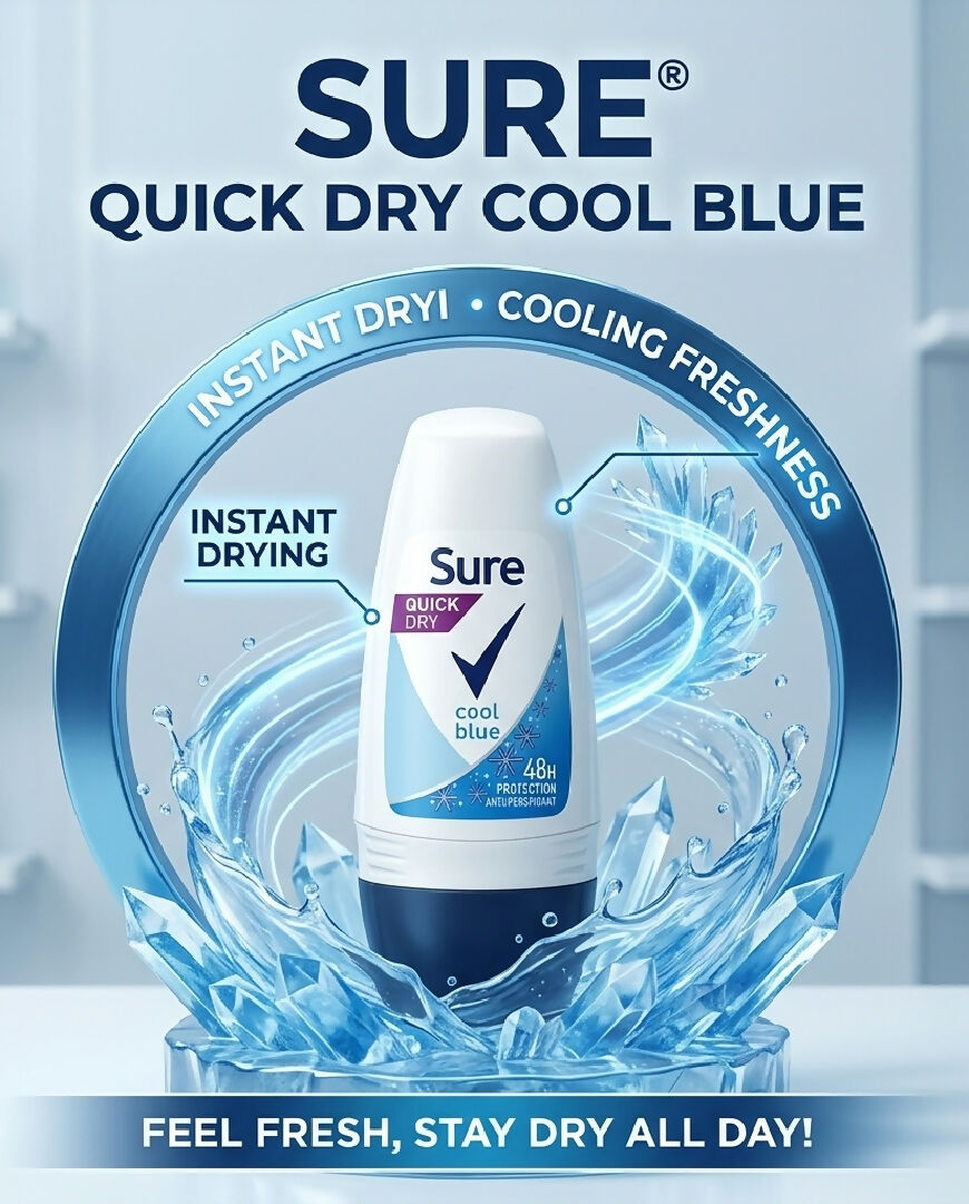Sure Quick Dry Cool Blue Antiperspirant Roll On 48H Protection Cooling Freshness Deodorant For Men 50ml Instant Drying Underarm Sweat Defense