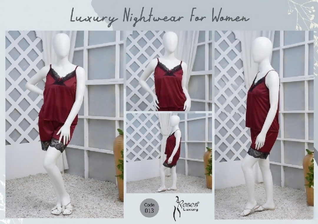 Womens Silk Nightwear Set with Black Lace 2 Piece Cami Top Shorts Sleepwear Free Size