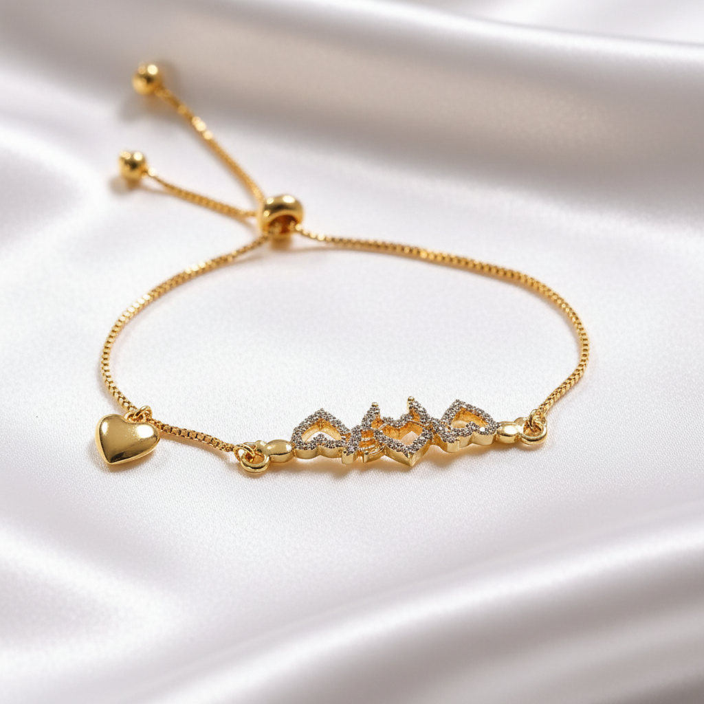 Gold Butterfly and Double Heart Pavé Bolo Bracelet