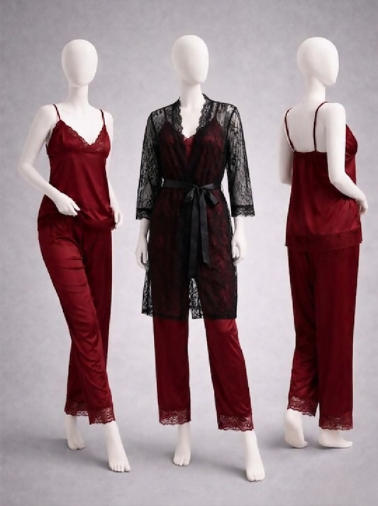 Elegant 3-Piece Womens Nightwear Set Silk Cami Pyjamas Lace Robe Free Size