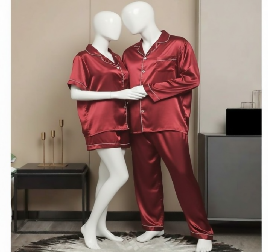 Couple Night Suit - Silk Satin Sleepwear Set - Short and Long Style Combo - 4 Pcs
