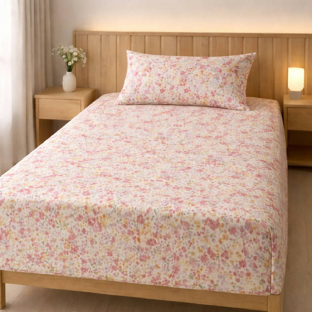 Single Bed Pink Cotton Floral Printed Bedsheet with Pillow Cover