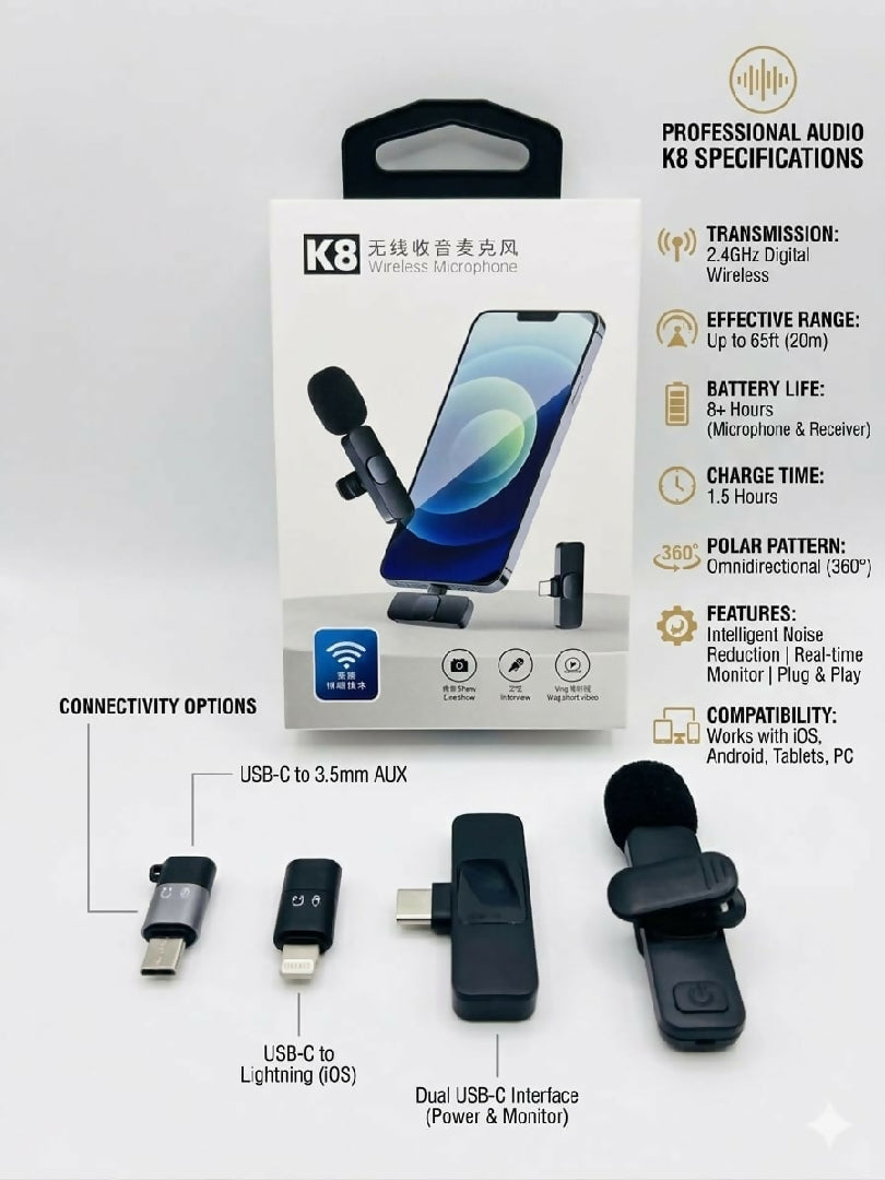 Original K8 Wireless Microphone Plug and Play Lavalier Lapel Mic with Type C and iPhone iOS Adapters Intelligent Noise Reduction 20m Range for Vlogging YouTube TikTok and Live Streaming