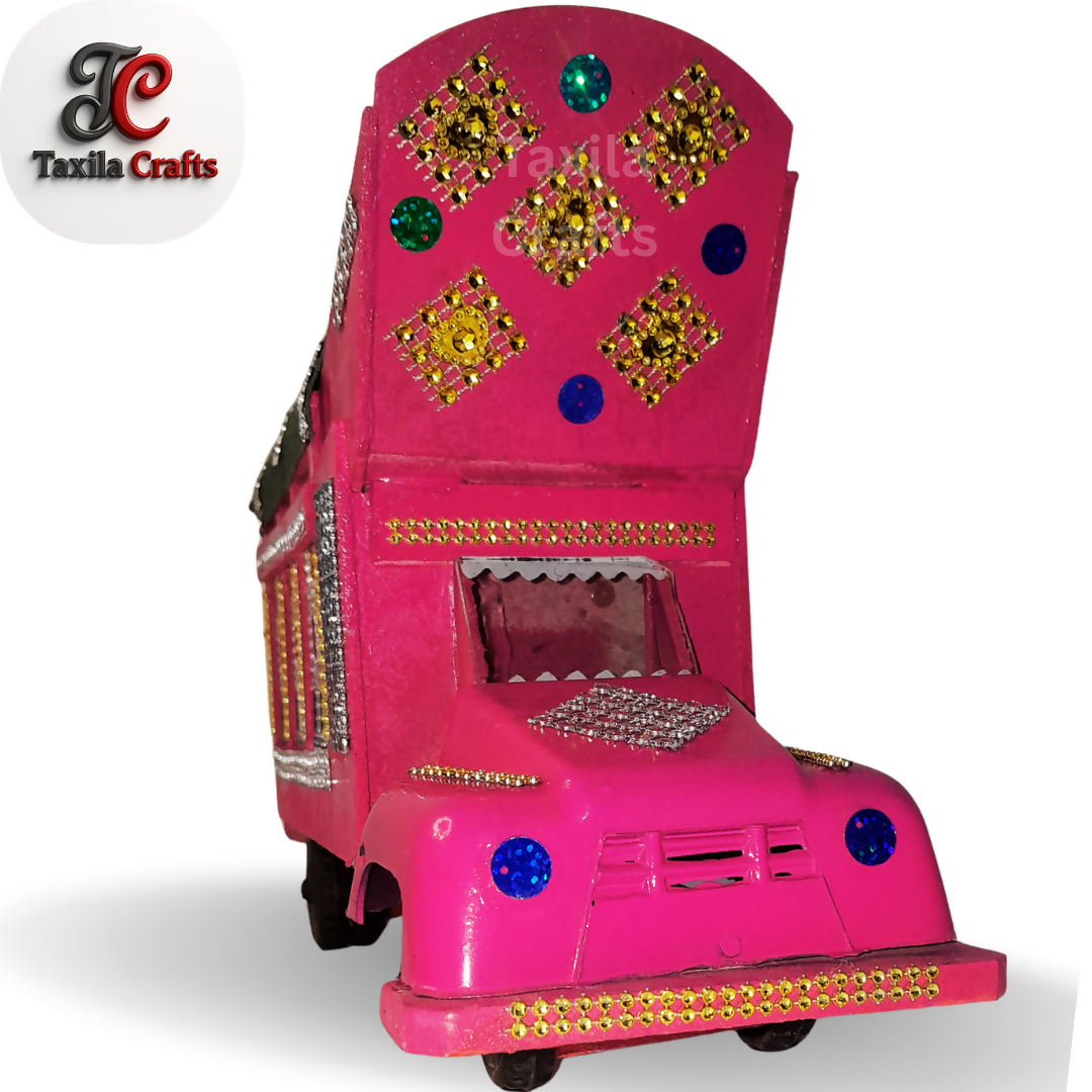 Handmade Pink Mini Truck Art Decorative Showpiece Wooden and Hardboard Model 11 Inch