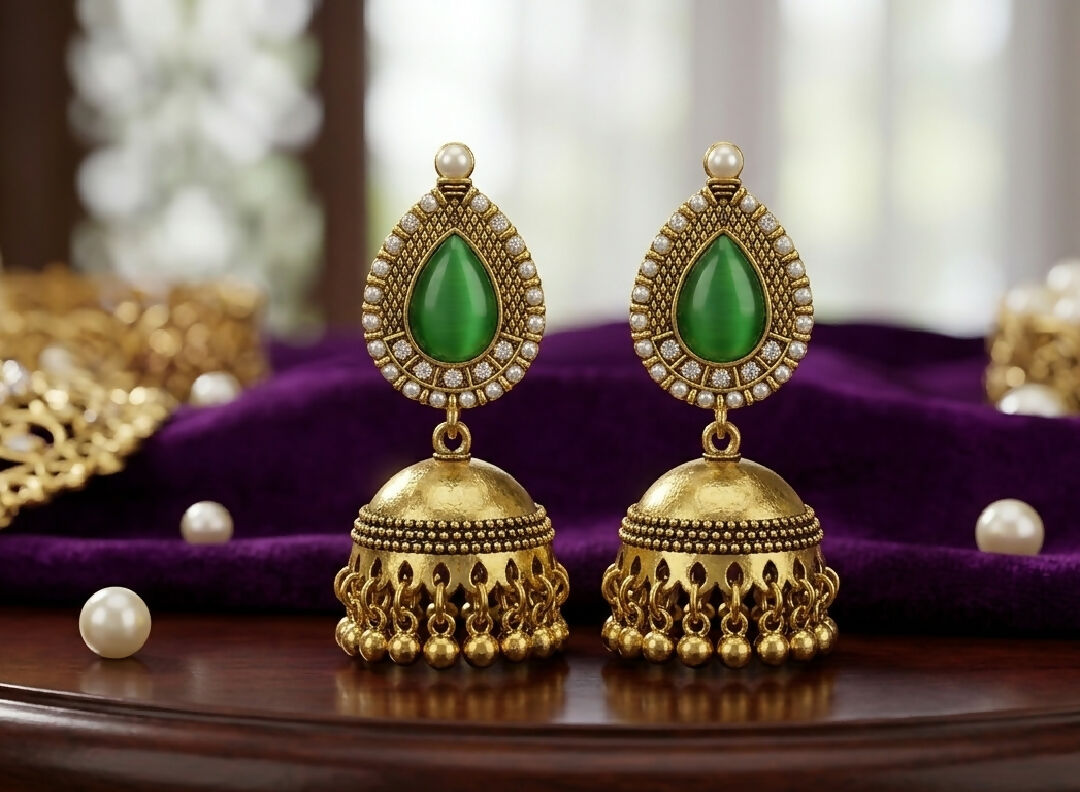 Green Stone Traditional Jhumka Earrings for Women