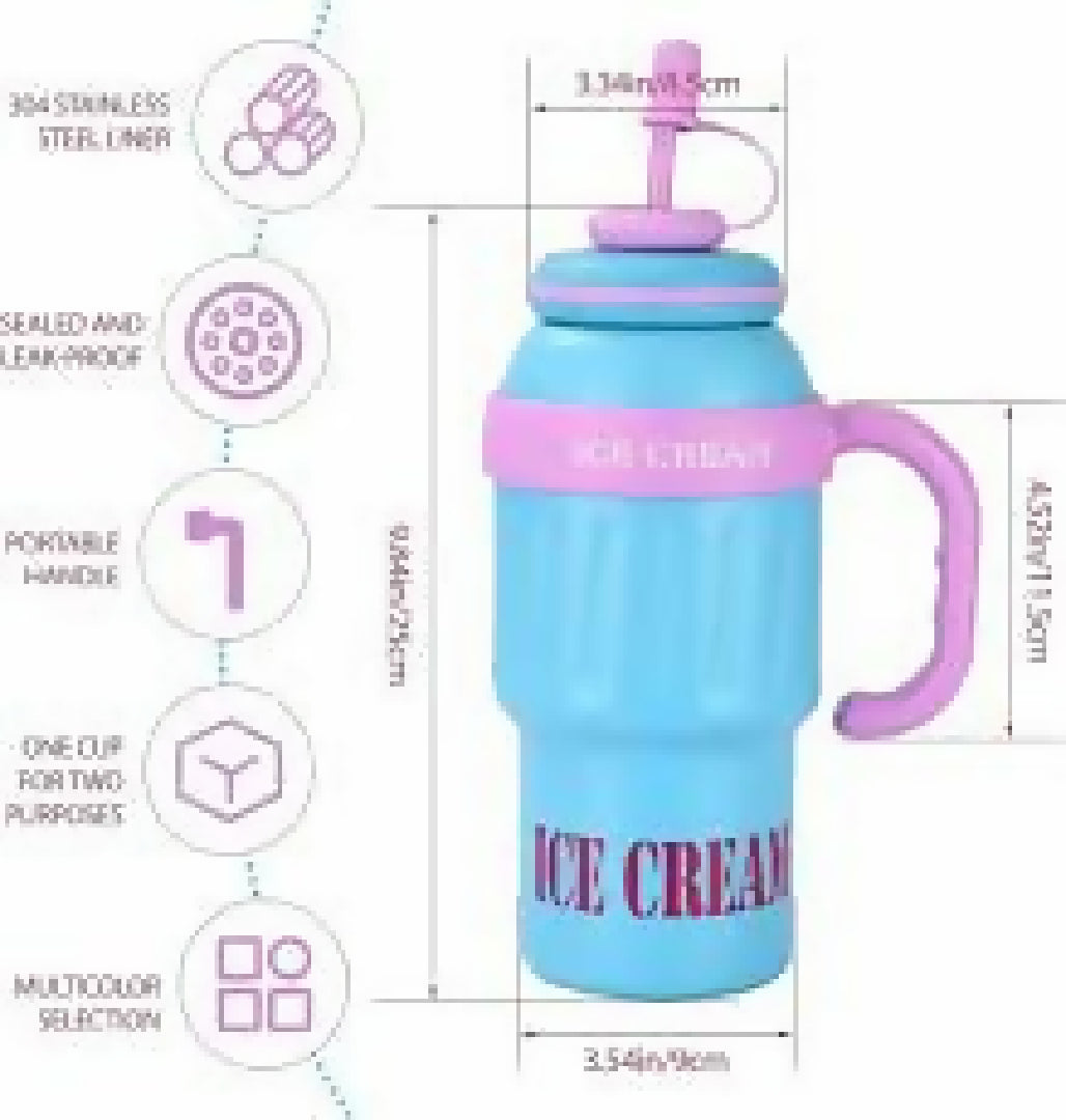 Stainless Steel Cute Ice Cream Tumbler Water Bottle With Straw And Handle 1000ml