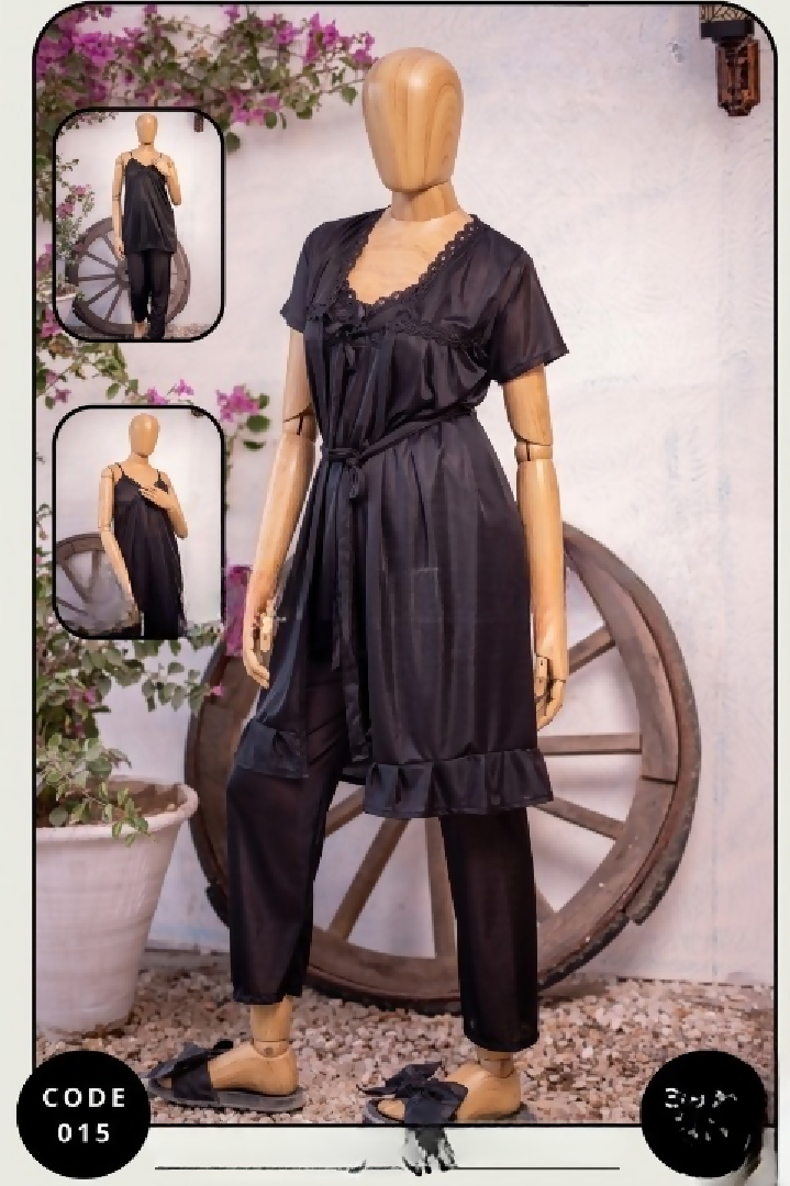 Luxury Silk 3-Piece Nightwear Set for Women Free Size Premium Satin Robe Pajama Suit