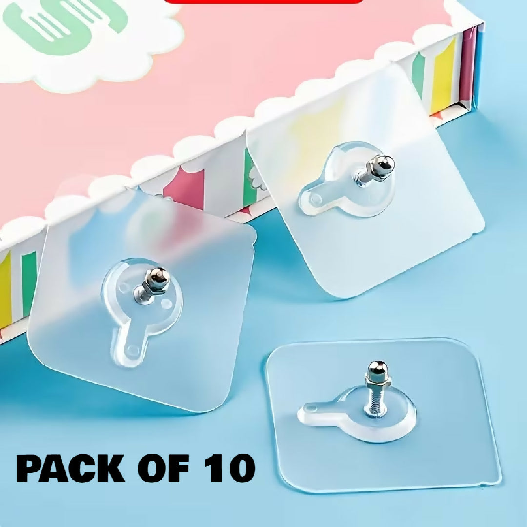 Pack of 10 Transparent Self-Adhesive Wall Hooks - Strong Hold and No Drill