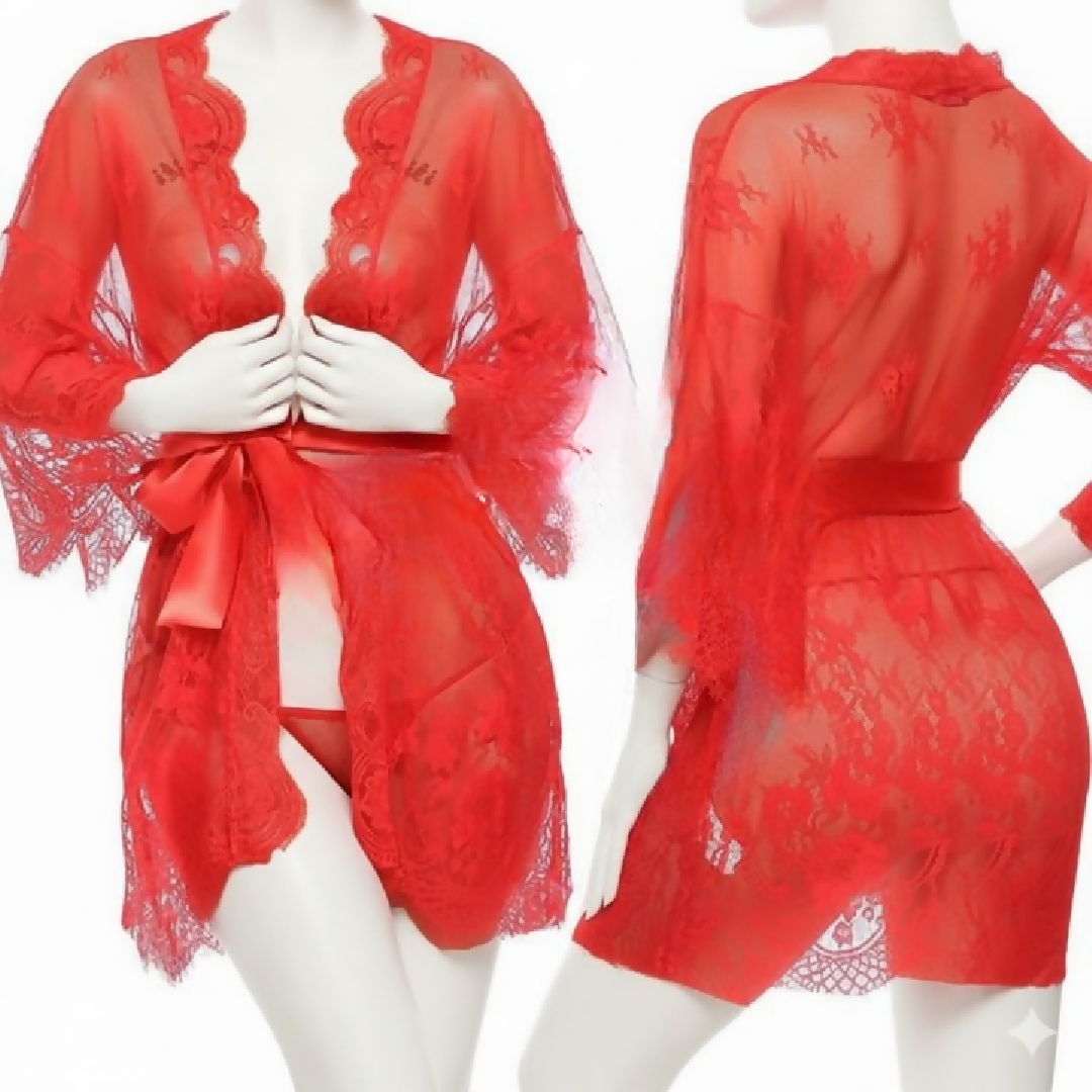 Single Pcs Womens Net Transparent Sheer Lace Robe Gown - Long Sleeve Free-Size Nightwear