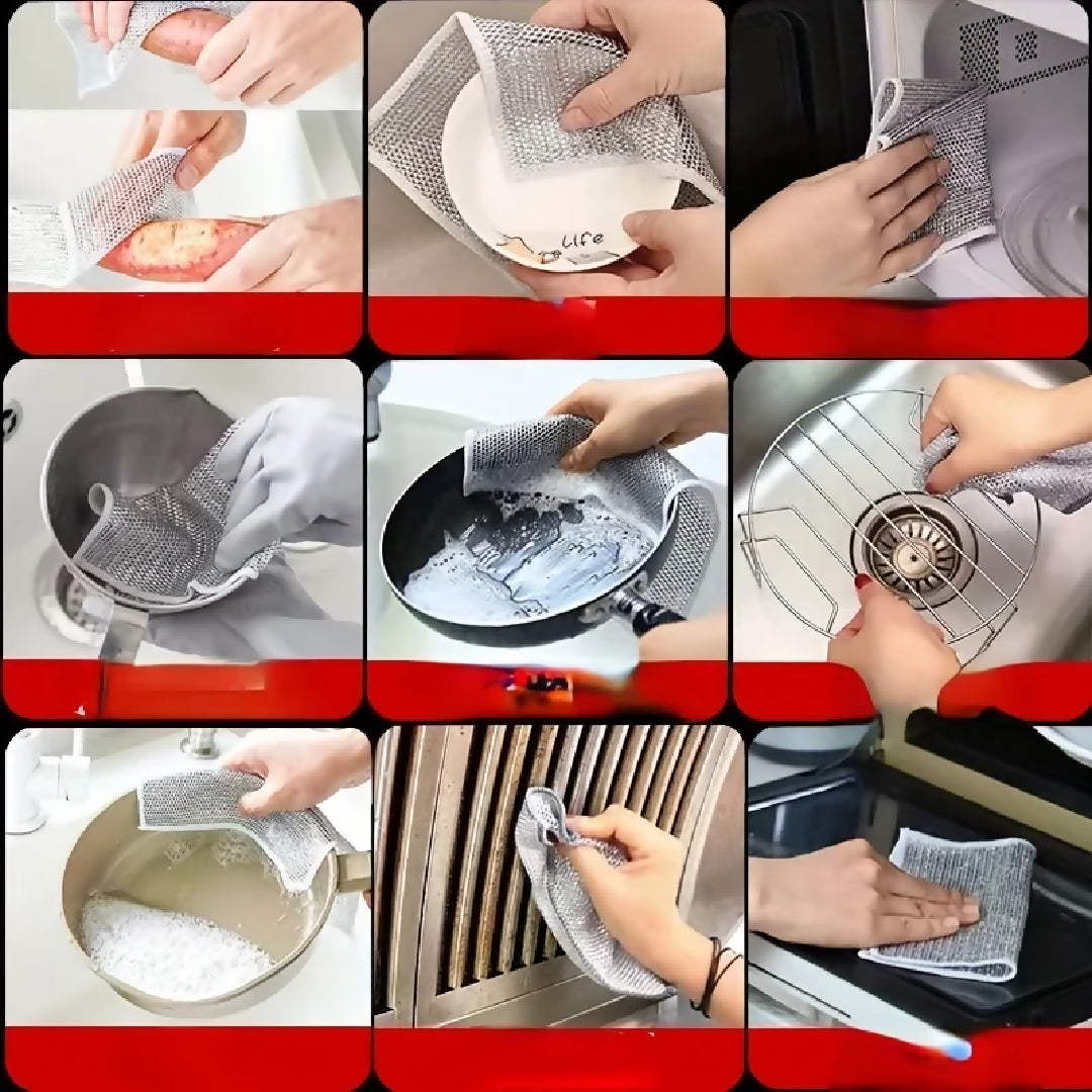 Combo Deal Disposable Food Cover Plastic Wrap 100 Pcs and 2 Pcs Dishwashing Rug - Reusable Elastic Food Storage Covers and Metal Wire Dish Washing Rugs For Kitchen