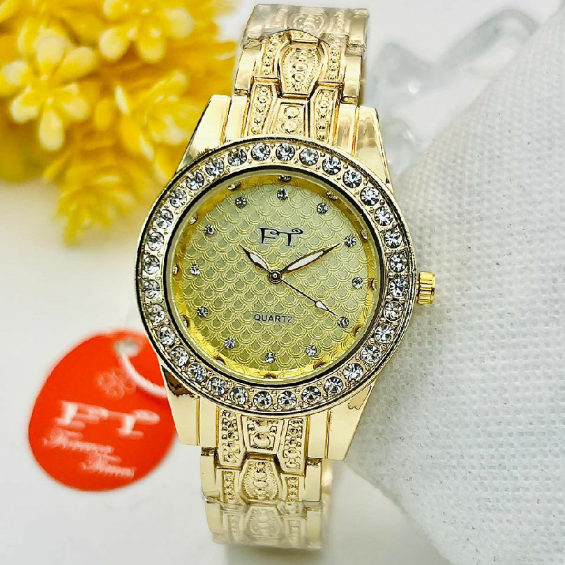 Ladies Luxury Round Dial Stainless Steel Watch Water Resistant Stone Studded